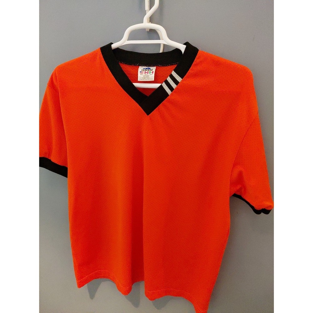 New Vintage 90s Adidas Trefoil Mesh Jersey Shirt  M Orange V Neck Big Logo Back
